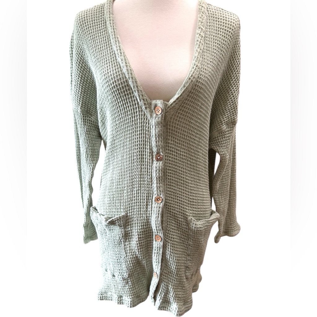 Free People Beach Women's Sea Foam Green Waffle Knit Button Up Cardigan Large